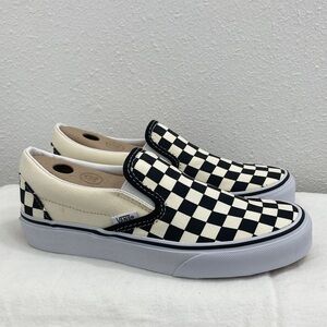 Vans Cream and Black Checkered Slip-On Sneakers